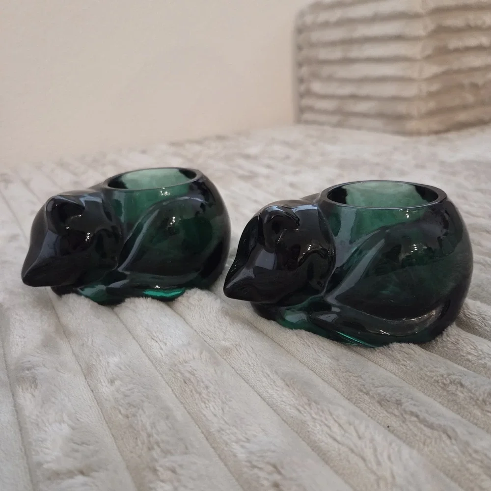 Lot of 2 Vintage Indiana Glass Emerald Green Sleeping Cat Votive Candle